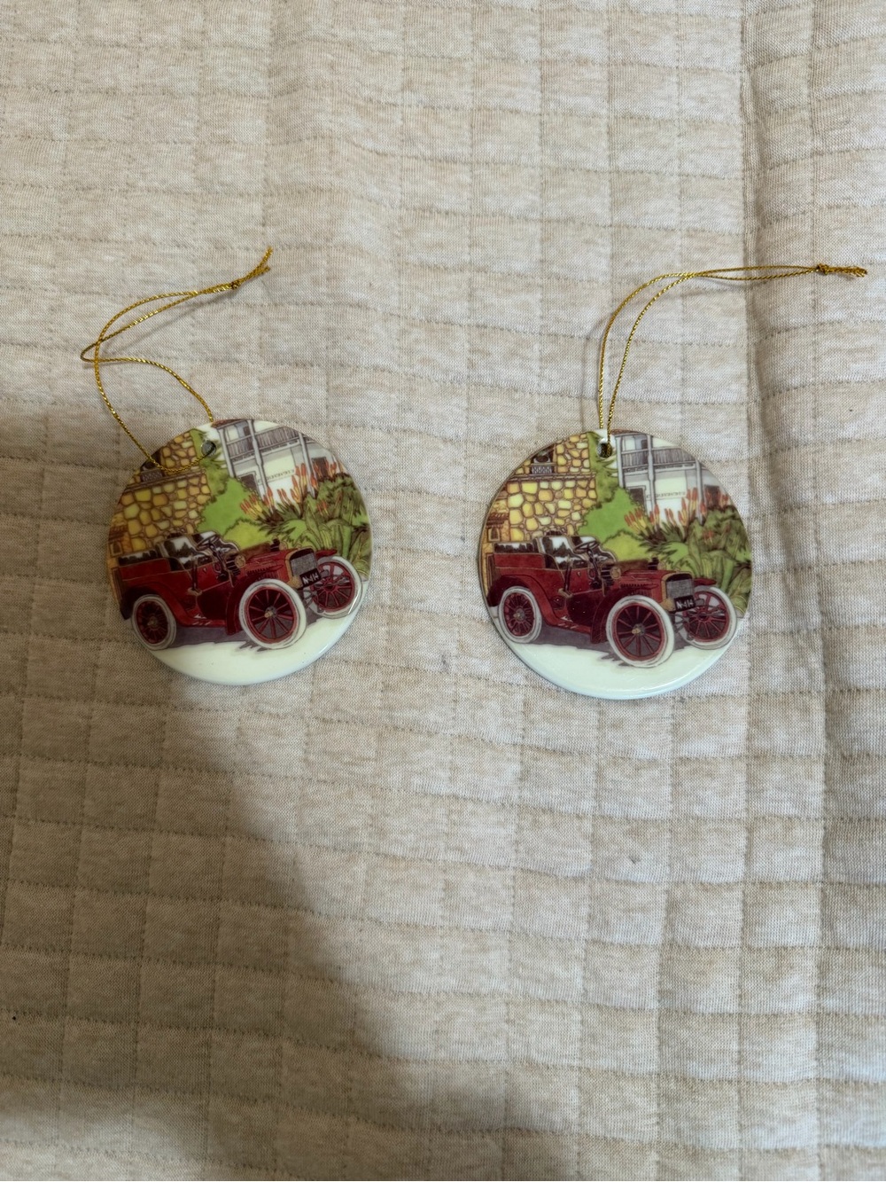 Vintage Red Car Ceramic Holiday Ornament - Set of 2